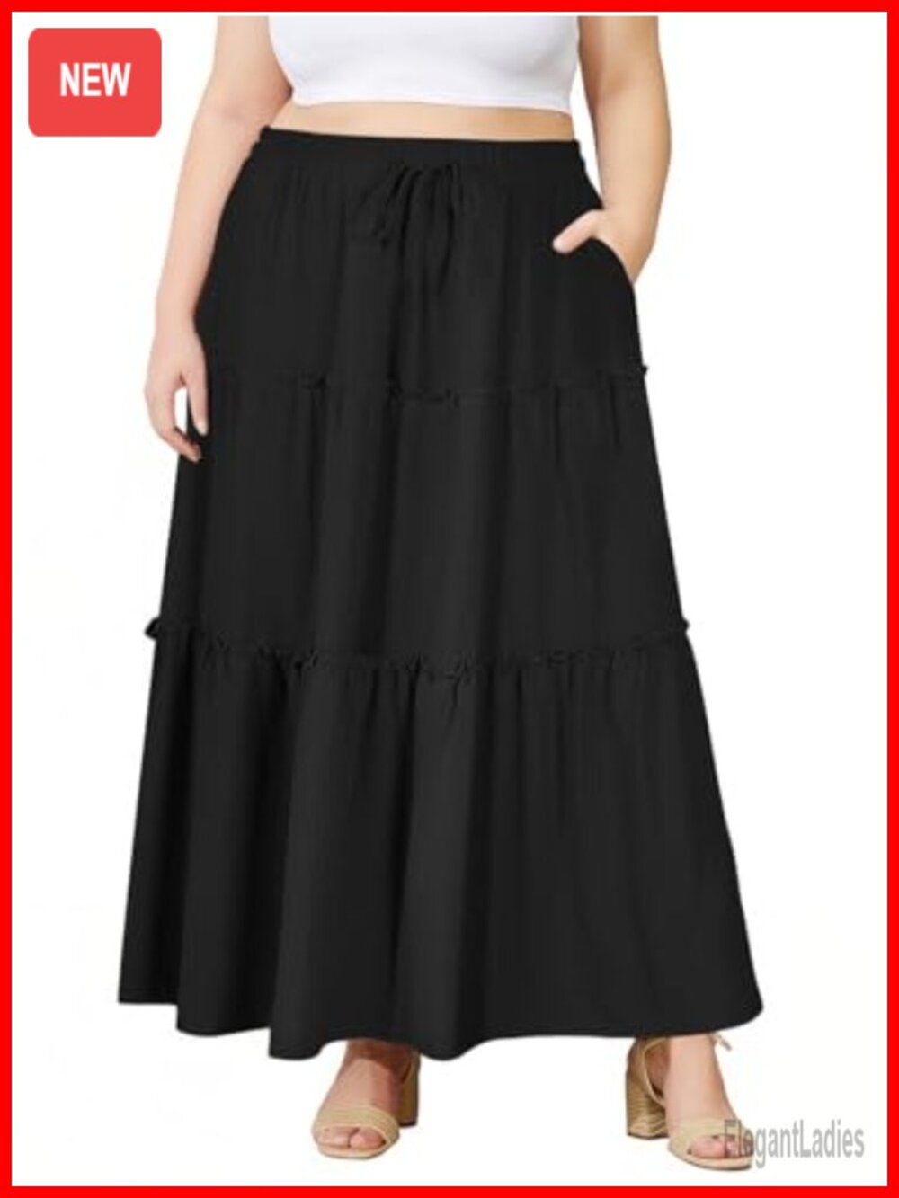 Plus Size Tiered Maxi Skirt Flowy Boho A-Line with Pockets